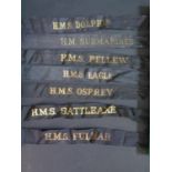 Seven Royal Navy Cap Tally Ribbons _ H.M.S. DOLPHIN, FULMAR, OSPREY, EAGLE, PELLEW, BATTLEAXE and
