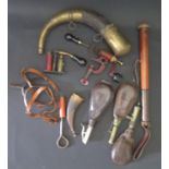 A Powder Horn and flasks, pair of steel spurs, loaded truncheon and cartridge making equipment