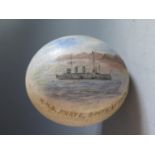 An Ostrich Egg hand painted with a scene of H.M.S. FORTE, SOUTH AFRICA 1905