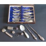 A Selection of Sterling and .800 Silver Boxes etc. (including Oman), two silver handled button hooks