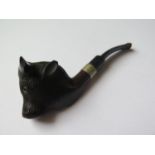 An RAOB French Made Hand Carved Pipe in the form of a buffalo mask with silver collar to stem,