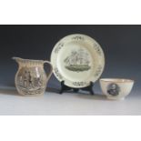 A Victorian Jug decorated with a transfer scene of THE BRITISH VOLUNTEERS 15cm, creamware plate