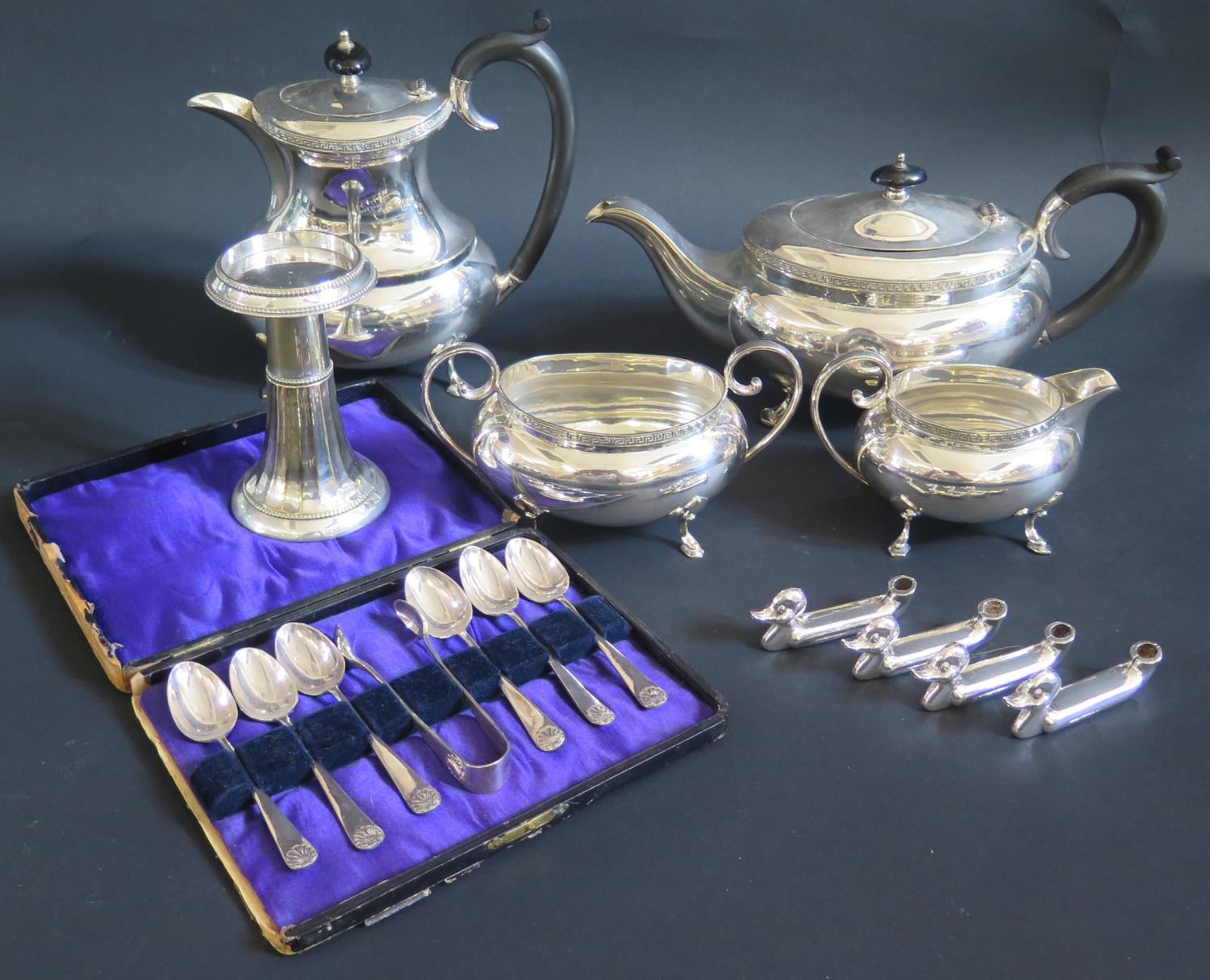 A Four Part electroplated Silver Tea Set, cased set of teaspoons with tongs and set of four duck