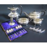 A Four Part electroplated Silver Tea Set, cased set of teaspoons with tongs and set of four duck