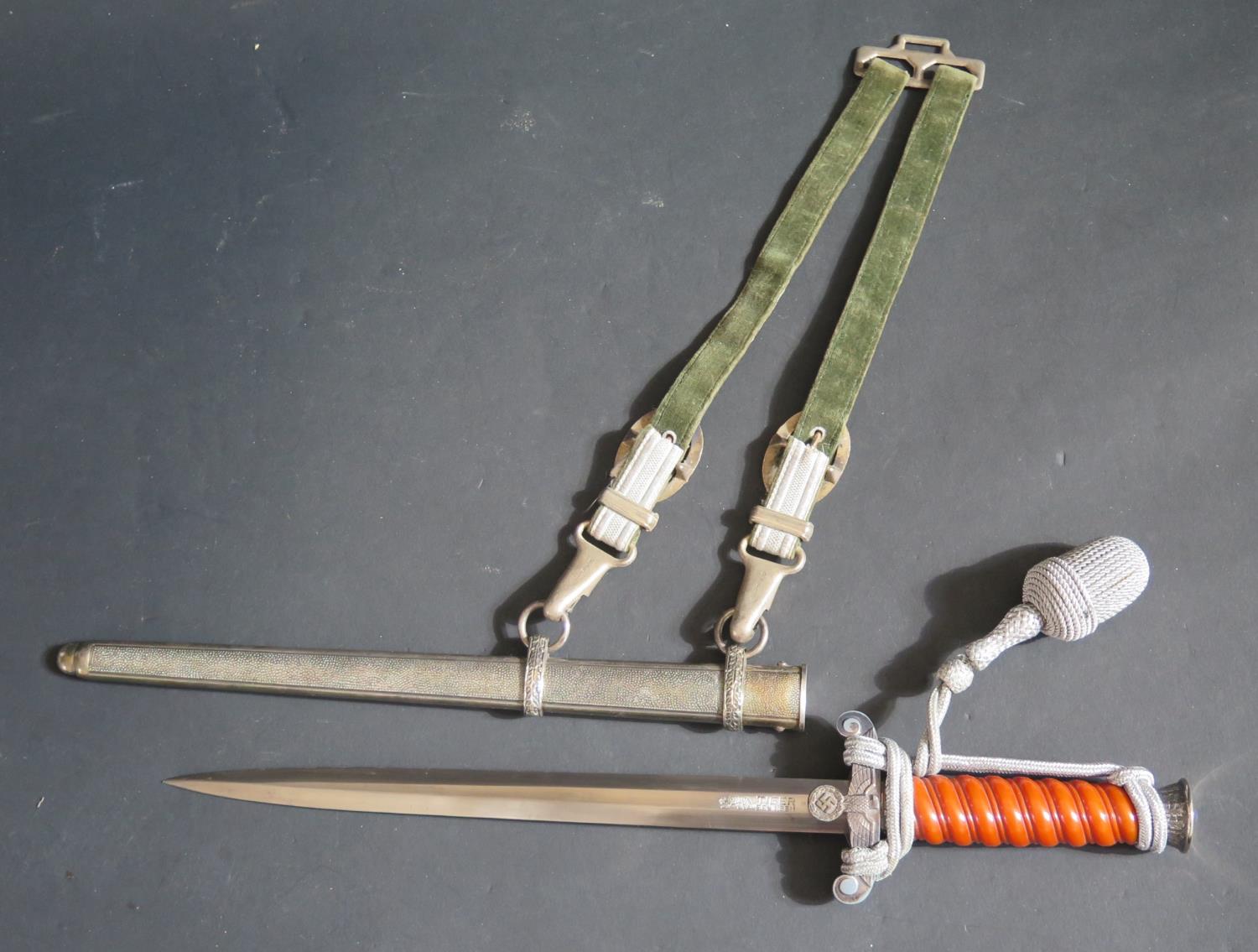 A WWII German Army Dagger with scabbard and hanging straps, blade marked TIGER - Image 2 of 3