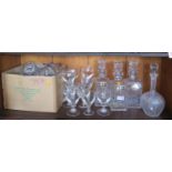 Three Silver Bottle Labels and decanters (two stoppers damaged), other decanters, cut crystal and