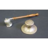 A Modern Silver Candle Snuffer, Birmingham 1989, B.S, 19cm long and capstan inkwell (Birmingham