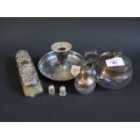 Two Silver Thimbles (Birmingham 1901 J.F and CH8 DORCAS), silver mounted pot, scent bottle, silver