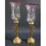 A Pair of 19th Century Brass Lamps with glass shades