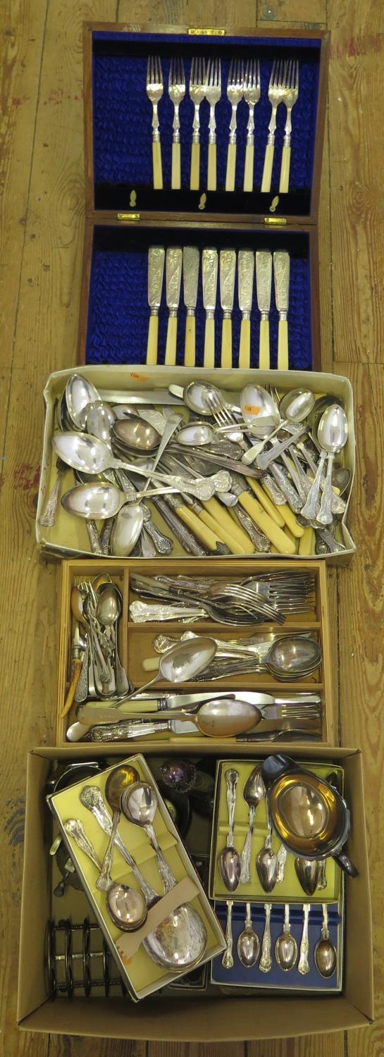 A Large Selection of Electroplated Silver Flatware, sugar shaker, sauce boat etc.