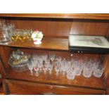 Cut Crystal Water Tumblers, other glass, two pictures, brass bowl on stand, lamp etc.