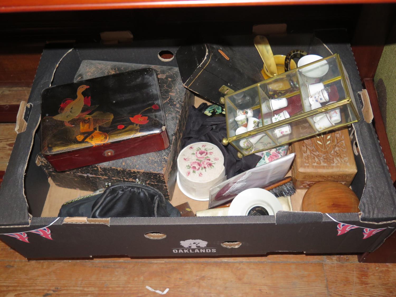 A Box of Oddments including a Victorian leather box, collectors thimbles, lacquered papier mache box