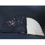 A 19th Century Bone, Silk and Sequinned Fan and Ebony and Painted Silk Fan
