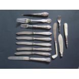 A Selection of Silver Flatware, plated butter knife with MOP 'golf club' handle and tea knives