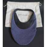 A BVLGARI Blue Cloth Logo Pattern Hand bag with black leather detail and handle, also with