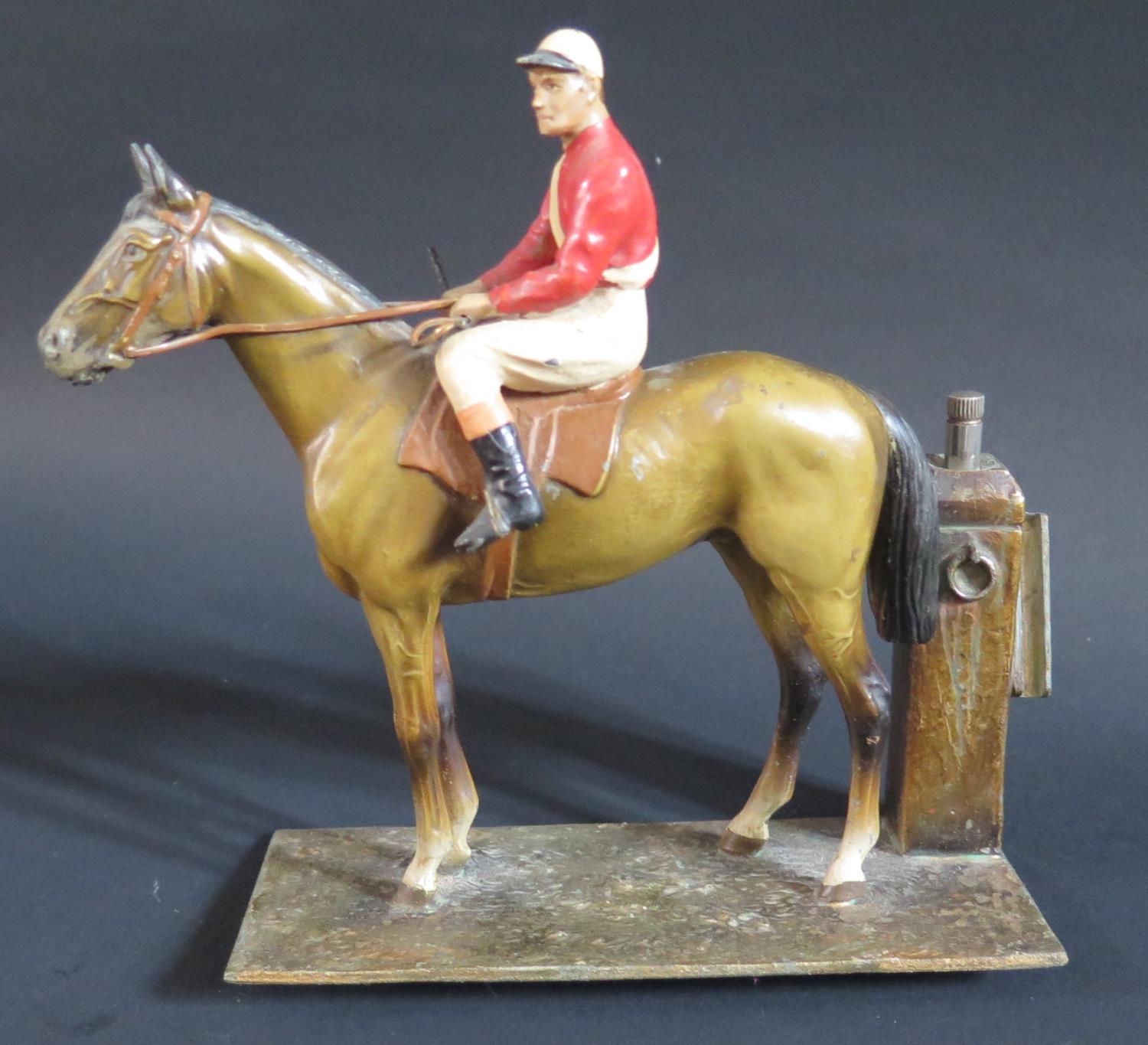 Two Spelter Horse & Jockey Table Lighters. A/F