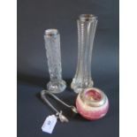 A Pair of Sheffield Silver Engraved Sugar Tongs, two silver collared cut glass vases and silver
