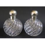 A Pair of Victorian Silver Top Glass Atomisers (fittings missing), Birmingham 1888?, CM, 13.5cm high