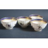 Four Caughley Porcelain Blue and Gilt Tea Bowls, circa 1790