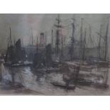 A Carlos Grethe (1864-1913) Uruguayan German Chalk and Charcoal Shipyard Scene(41x28) Framed and