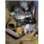 A Box of Odd China, pewter etc. (includes pewter tray)