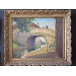 Bridge Over Canal, unsigned oil on canvas, continental school, 80x71cm, framed