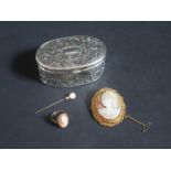 A 9ct Gold Shell Cameo Ring size M.5 3g, cameo brooch, pin, ring box and silver plated doll's