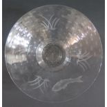 A Webb Crystal Fruit Bowl with wheel cut fish and reed decoration, 25.5cm diam. x 9cm high