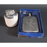 A Prince Table Lighter mounted with simulated pearls and pewter golf hip flask