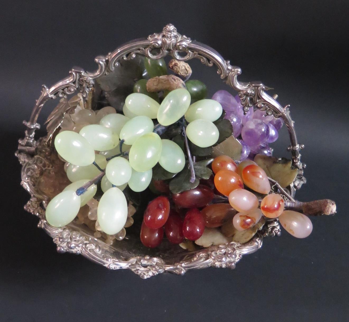 A Walker & Hall Electroplated Silver Swing Handled Basket and contents of polished agate and other - Image 2 of 2