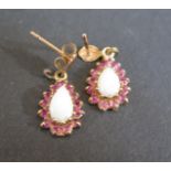 A Pair of 9ct Gold Opal and Ruby Pendant Earrings, 1.2g