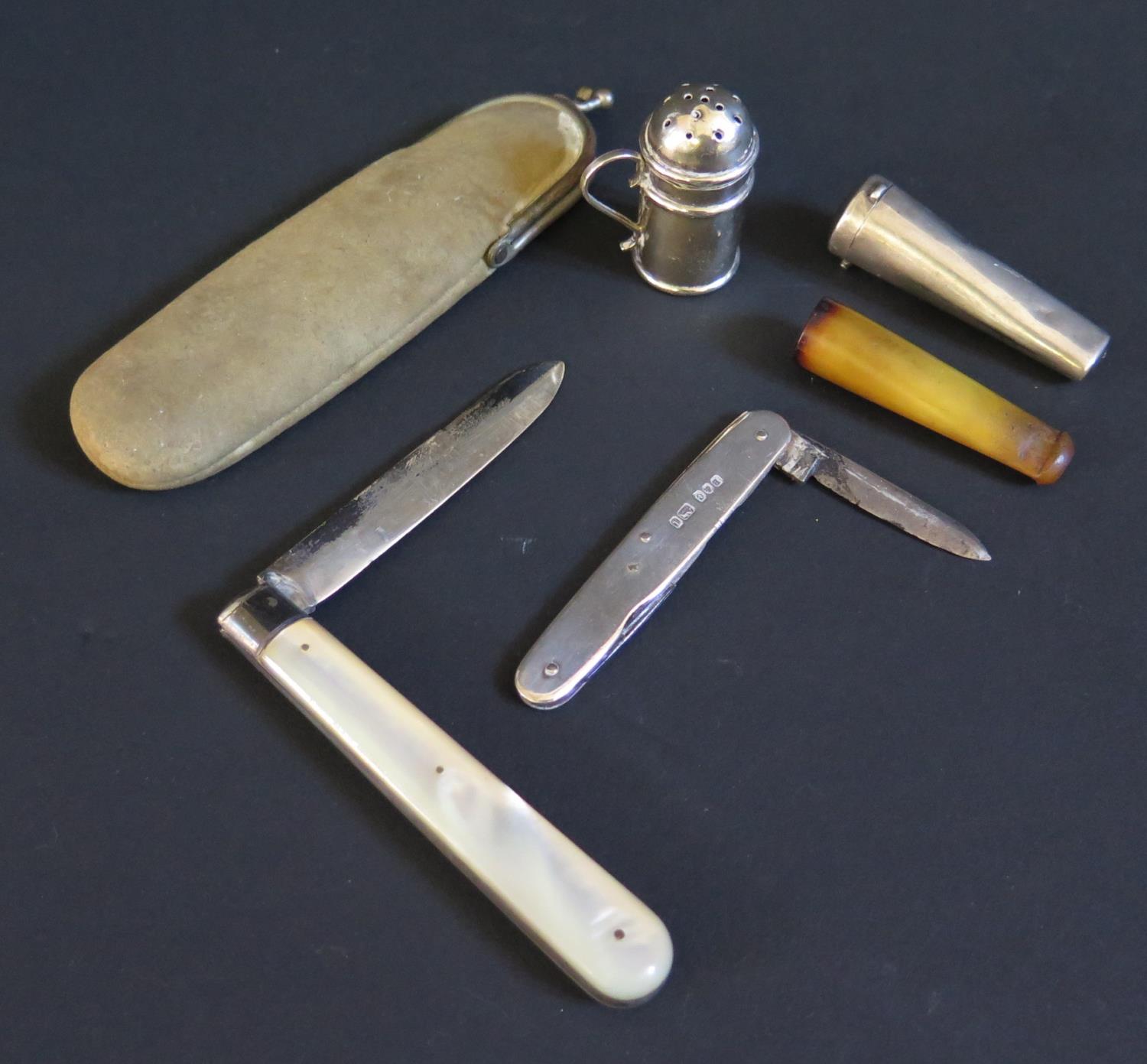 An Edwardian Silver and Mother of pearl Fruit Knife in a suede sleeve (Sheffield 1906 WM&S),