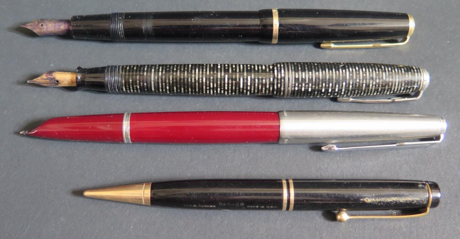 A Collection of Parker Pens including Vacumatic, Duofold, 51 and propelling pencil