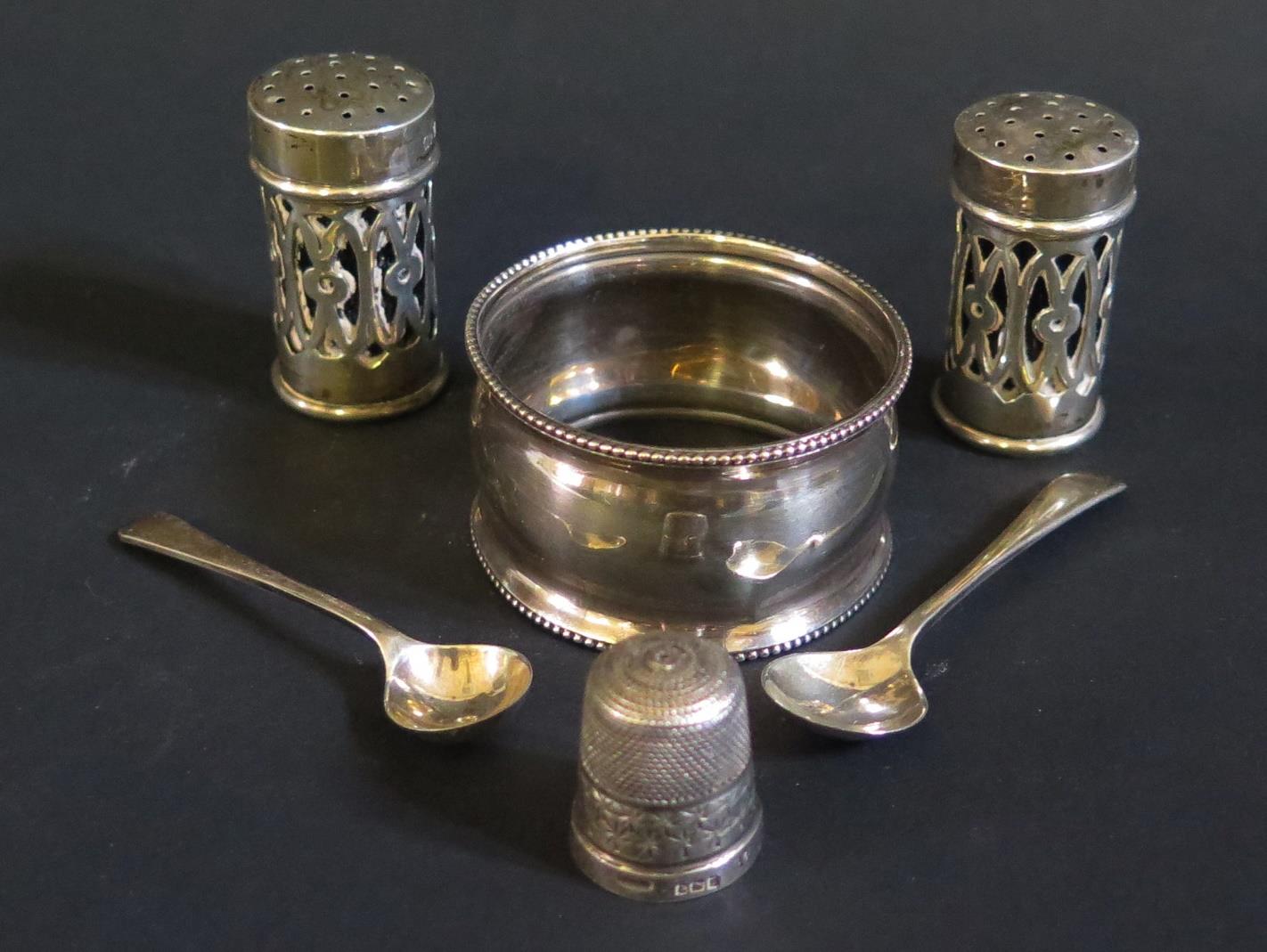 A Pair of Edward VII Silver Peppers (Birmingham 1902), Sheffield silver napkin ring, Birmingham