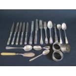 A Selection of Victorian and later Silver including flatware, napkin rings, ivory handle silver
