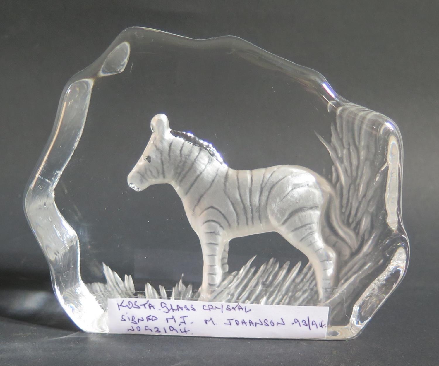 A KOSTA Crystal Plaque decorated with a zebra, signed M. Johanson
