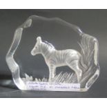 A KOSTA Crystal Plaque decorated with a zebra, signed M. Johanson