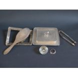 A London Silver Dish Stand and Cover, pair of silver sugar tongs and odd scrap silver, 527g