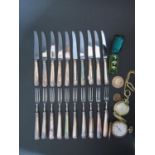 Silver Plated Fruit Knives and Forks, a rubbed silver coin, pocket watches etc.