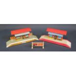 Two English Made Tinplate Platform Train Stations (24cm approx.) and one Hornby advertising sign.