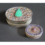 Two Silver Boxes mounted with semi-precious stones, largest 7cm