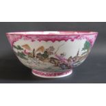 A Large Modern Famille Rose Punch Bowl decorated with European hunting scenes, 36cm diam.