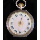 A Ladies Silver Cased Fob Watch with pink enamel dial