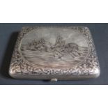 A Russian Silver and Niello Engraved Cigarette Box decorated with a scene of family on a twin