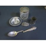 A Modern Silver Armada Dish, silver PORT label, silver top cut glass dressing table pot and other