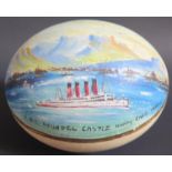 An Ostrich egg Painted with R.M.S. ARUNDEL CASTLE leaving CAPE TOWN
