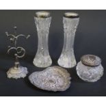 A Chester Silver Ring Tree (8.5cm) and Pin Dish, pair of Birmingham silver collared specimen vases