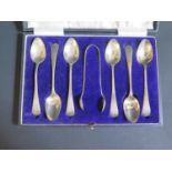 A Cased Set of George V Silver Teaspoons with Sugar Tongs, Birmingham 1919/1920, 86g, Levi & Salaman