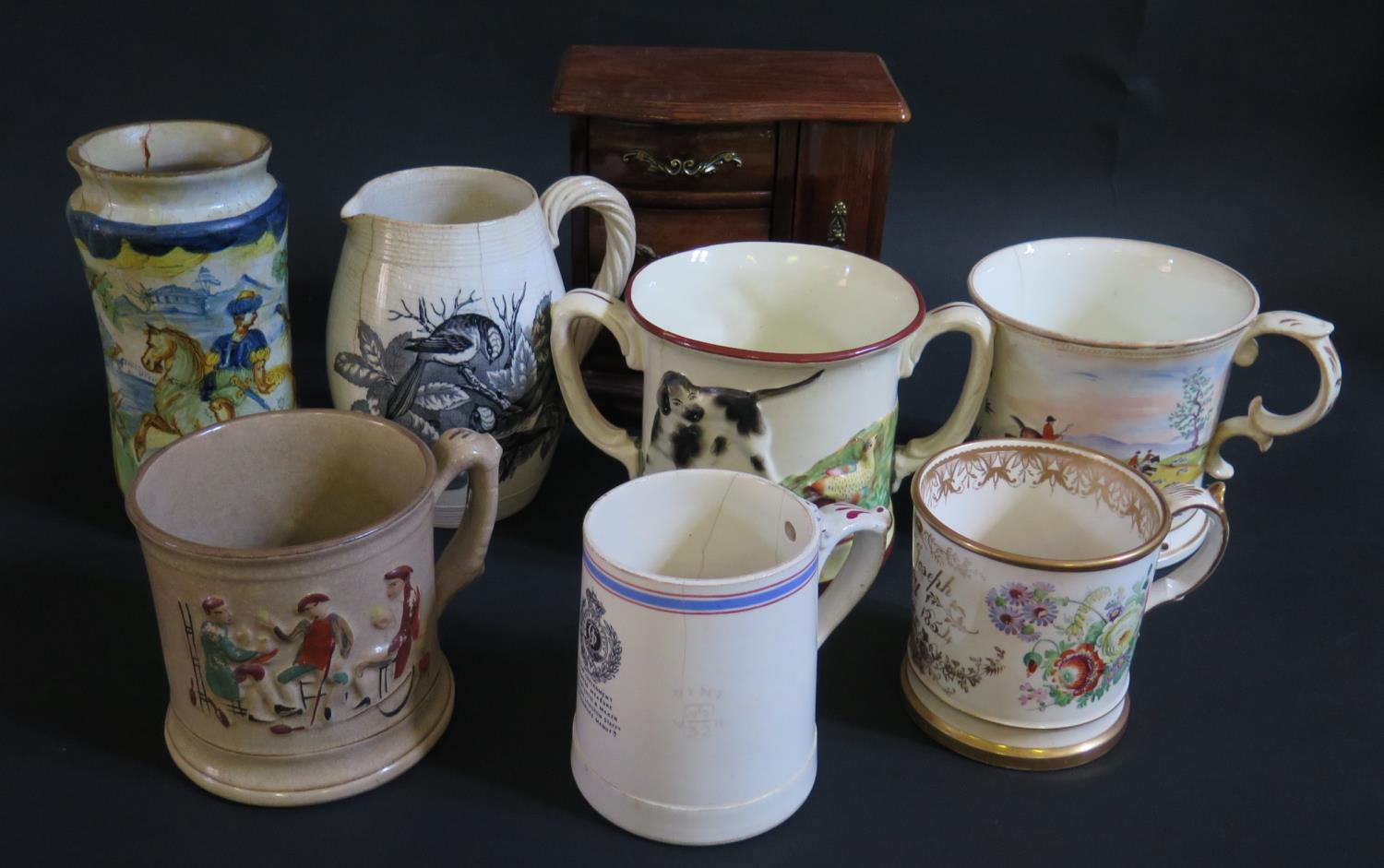 A Selection of Damaged 19th Century Ceramics and jewellery chest