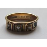A Victorian 18ct Gold, Black Enamel , Seed Pearl and Old Cut Diamond Mourning Ring, size K, 3.1g.